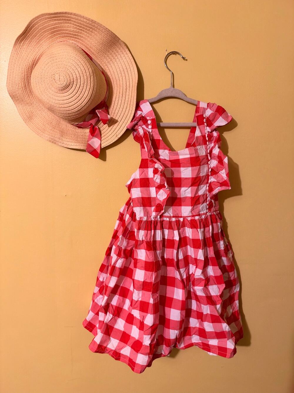 Max Studio 2-Piece Red and White Gingham Ruffle Pinafore Dress Straw Hat Set